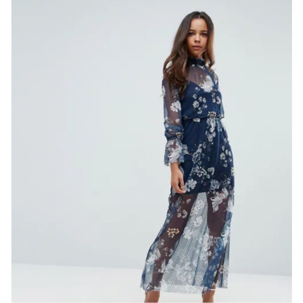 ASOS PETITE Printed Mesh Maxi Dress Shirred Neck
